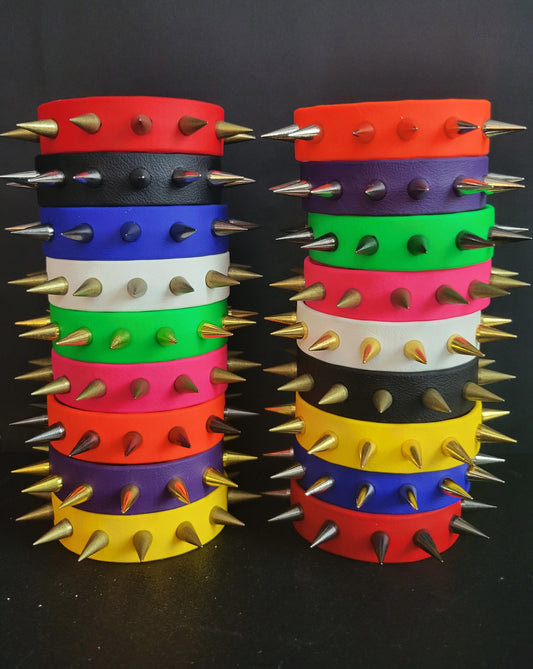 Vegan Leather Spike Bracelet. 3/4' Wide Single Row Metal Spikes.