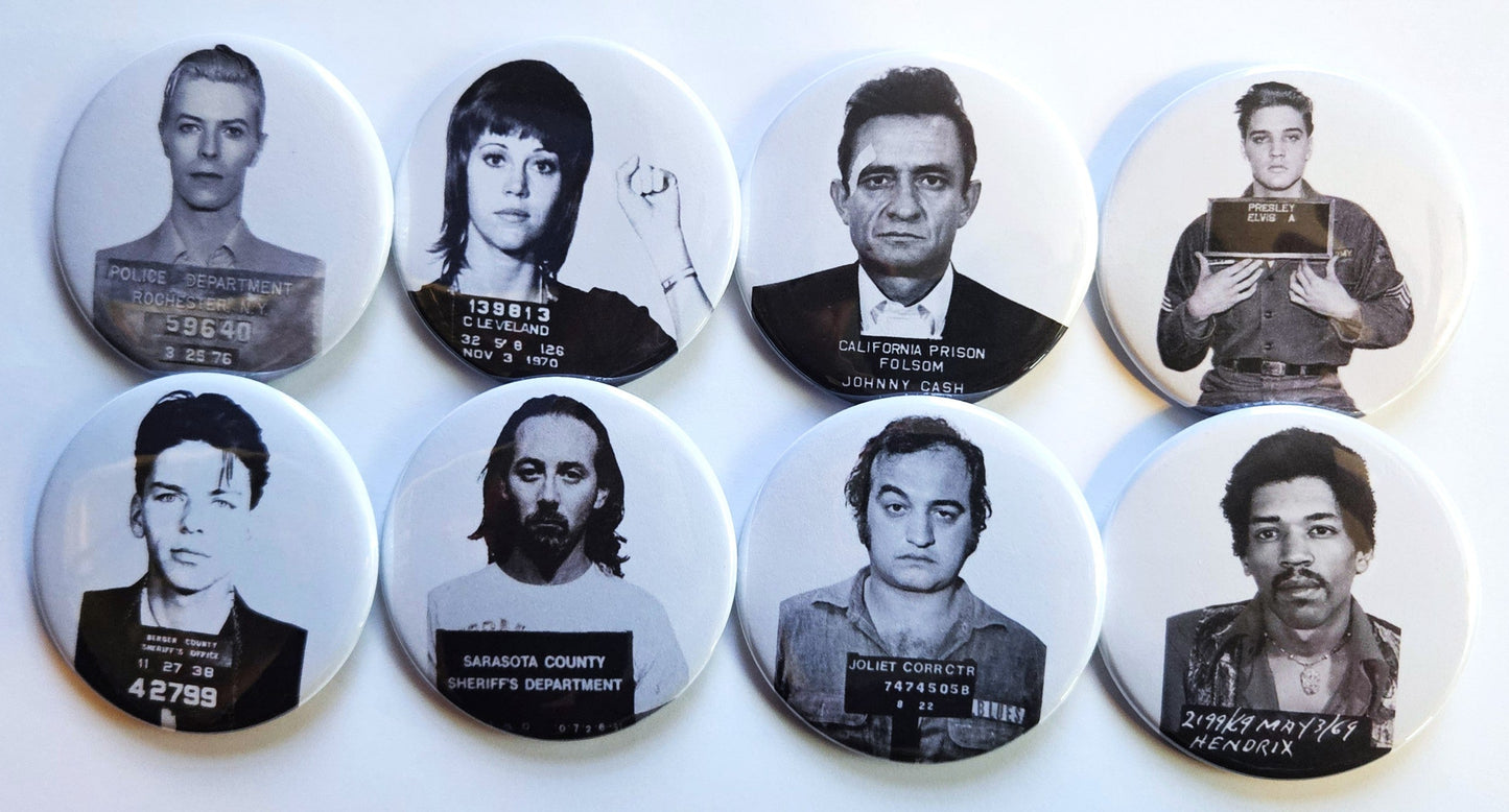 Celebrity Mugshot Buttons Magnets & Bottle Openers.