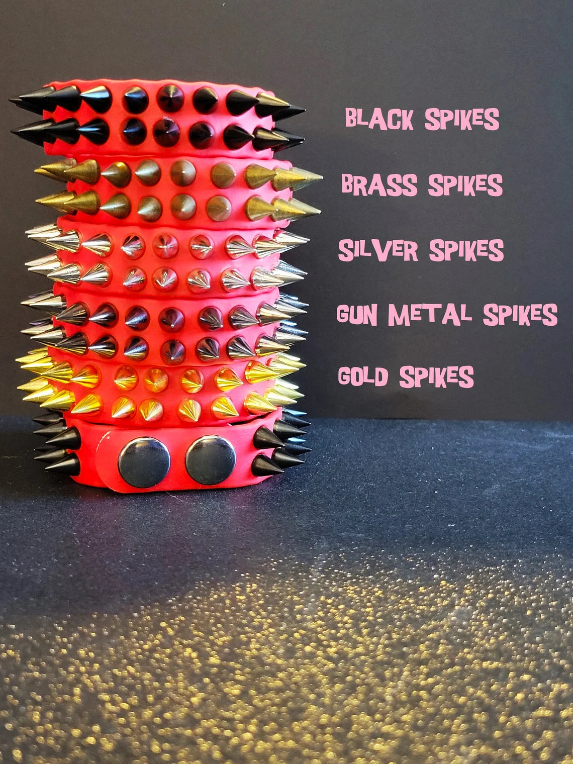 Vegan Leather Spike Bracelet. 3/4' Wide Double Row Metal Spikes.