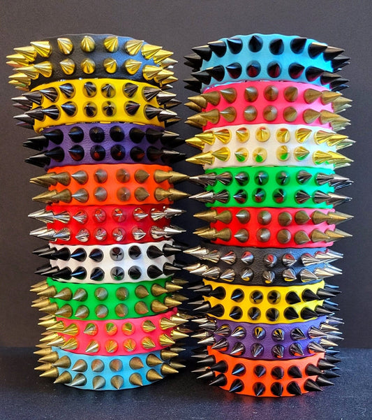 Vegan Leather Spike Bracelet. 3/4' Wide Double Row Metal Spikes.