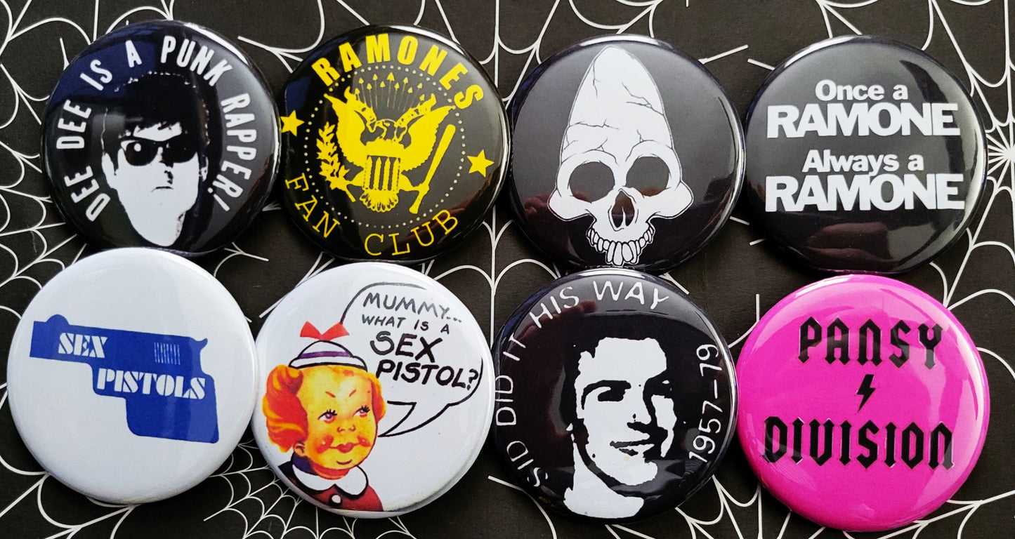 Classic Punk Rock Reproduction pinback Buttons & Bottle Openers. set 11