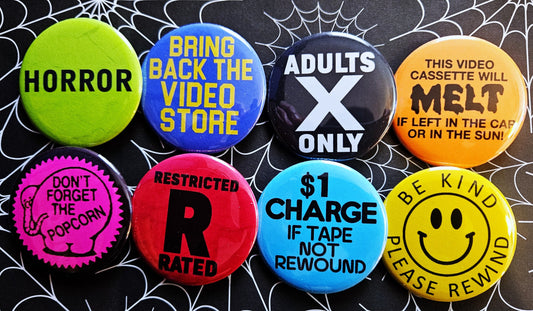 Video Rental Sticker pinback Buttons & Bottle Openers. Set 1