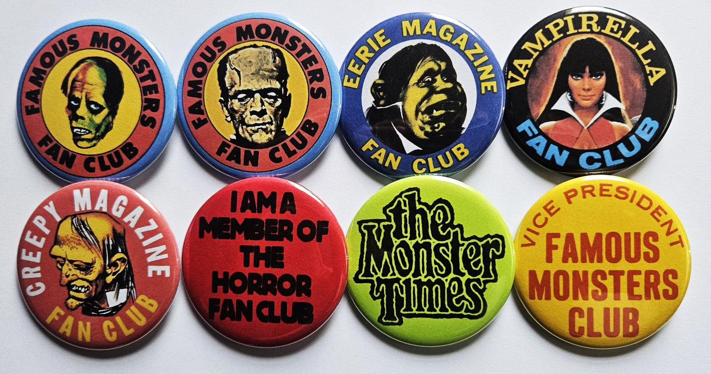 Vintage Reproduction pinback Buttons & Bottle Openers. Horror set 8