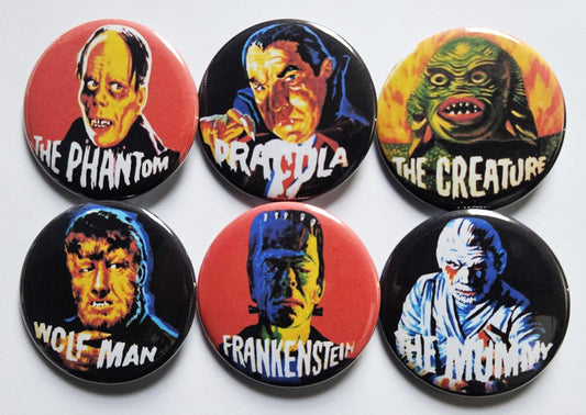 Vintage Reproduction pinback Buttons & Bottle Openers. Horror set 7