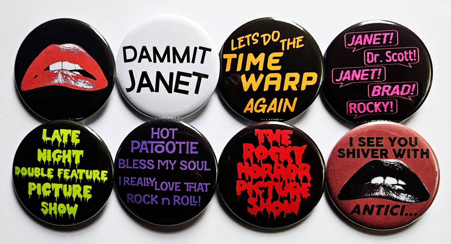 Rocky Horror Picture Show pinback Buttons & Bottle Openers. set 2