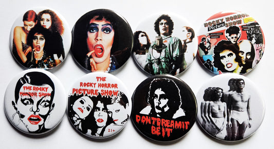 Rocky Horror Picture Show pinback Buttons & Bottle Openers. set 1