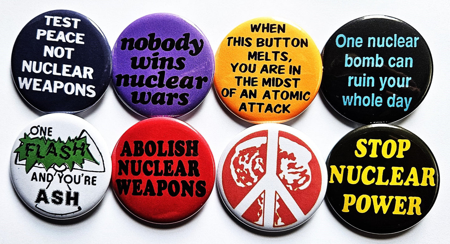 Vintage Reproduction pinback Buttons & Bottle Openers. Nuclear set 1