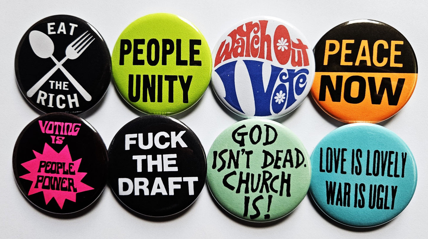 Vintage Reproduction pinback Buttons & Bottle Openers. Political set 06