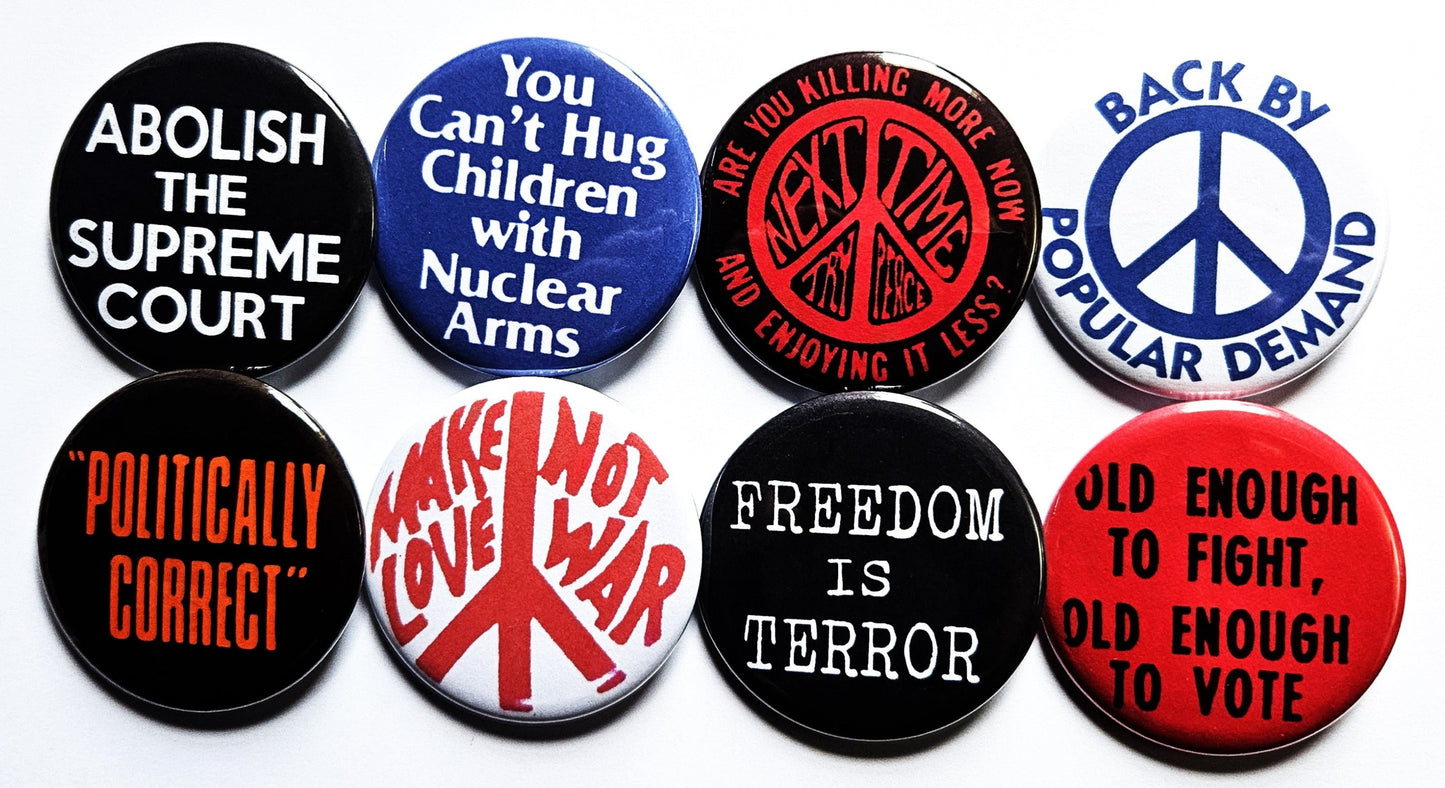 Vintage Reproduction pinback Buttons & Bottle Openers. Political set 09