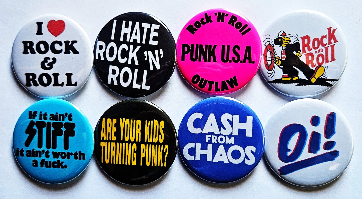 Punk Rock n Roll pinback Buttons & Bottle Openers. Set 04