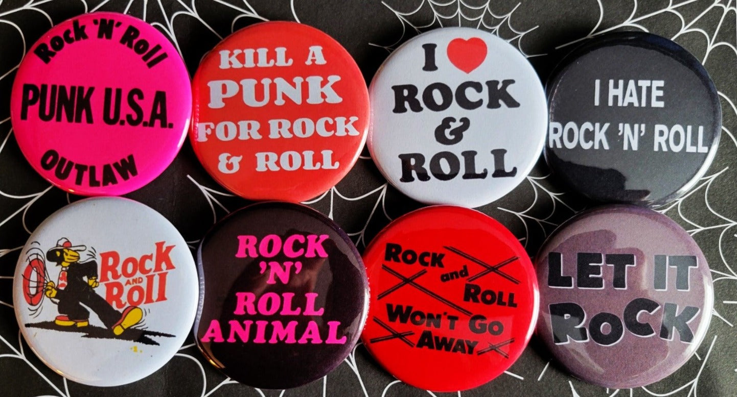 Punk Rock n Roll pinback Buttons & Bottle Openers. Set 4