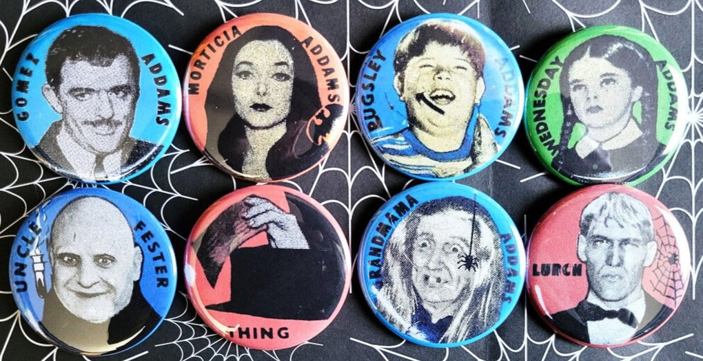 Addams Family pinback Buttons and Bottle Openers.