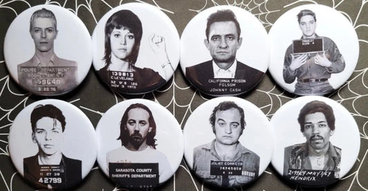 Famous Celebrity Mugshots pinback Buttons & Bottle Openers.