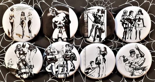 Vintage Pulp Bondage Cartoons pinback Buttons & Bottle Openers.