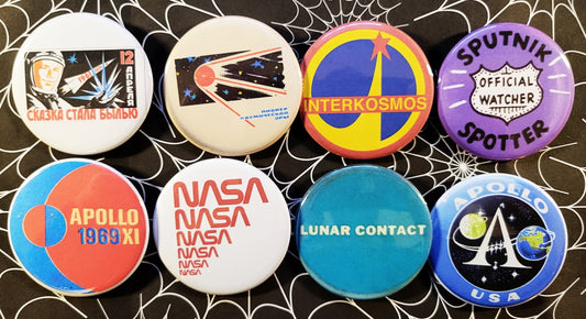 Vintage Space Race pin back 1950s & 1960s Retro Reproduction Buttons and Bottle Openers.